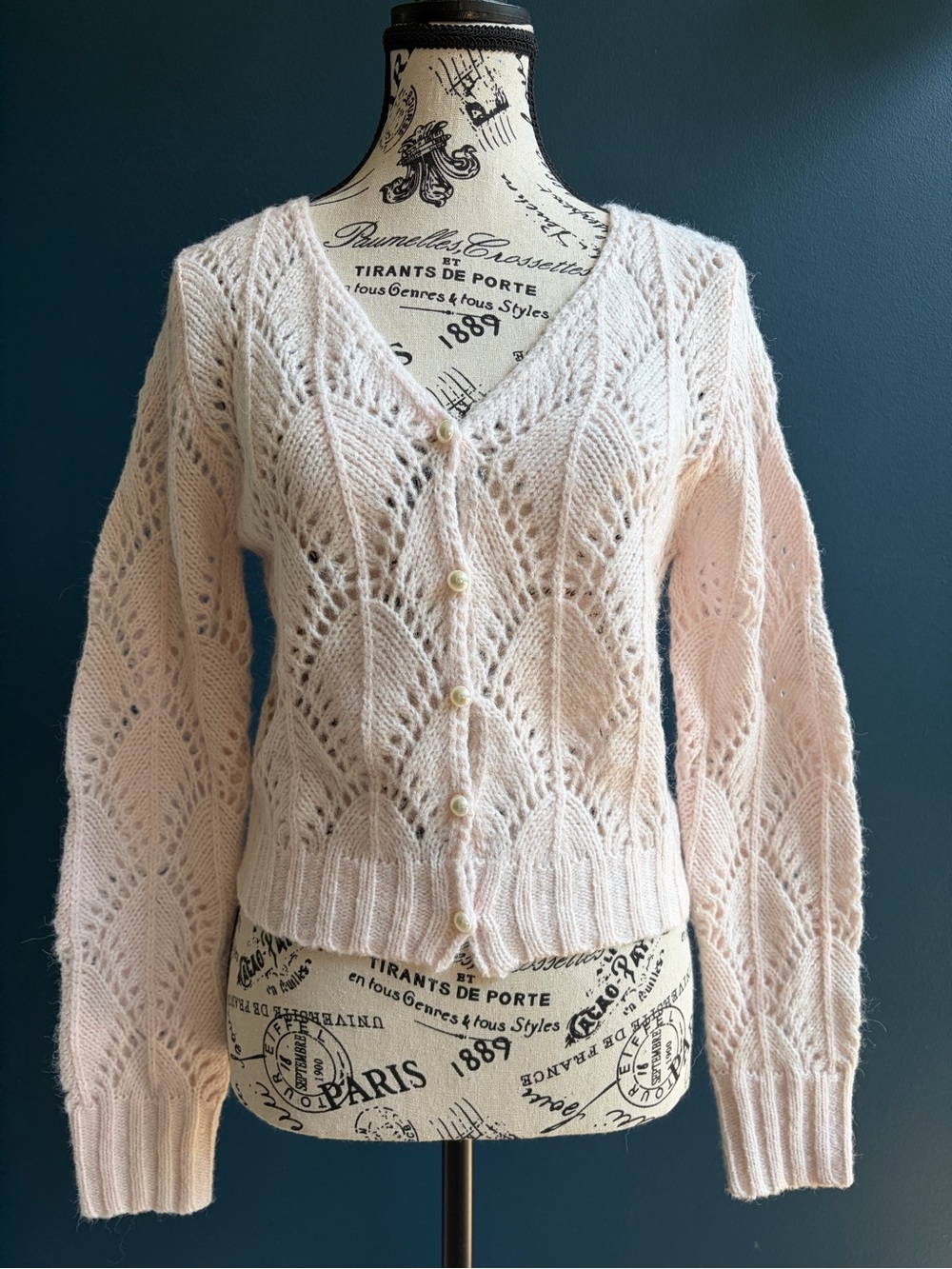 NWT Altar'd State Ava Pink Pointelle Cardigan Pearl Sweater S